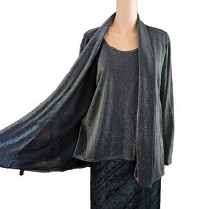 Womens Shirt Jacket Black Sparkly Shimmering 2 Piece Attached Casual Work Blouse